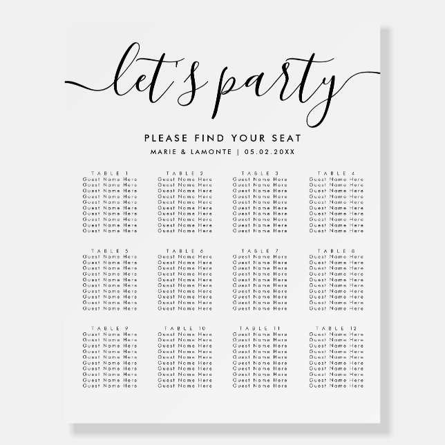 Simple Elegant Wedding Let's Party Seating Chart Foam Board (Front)