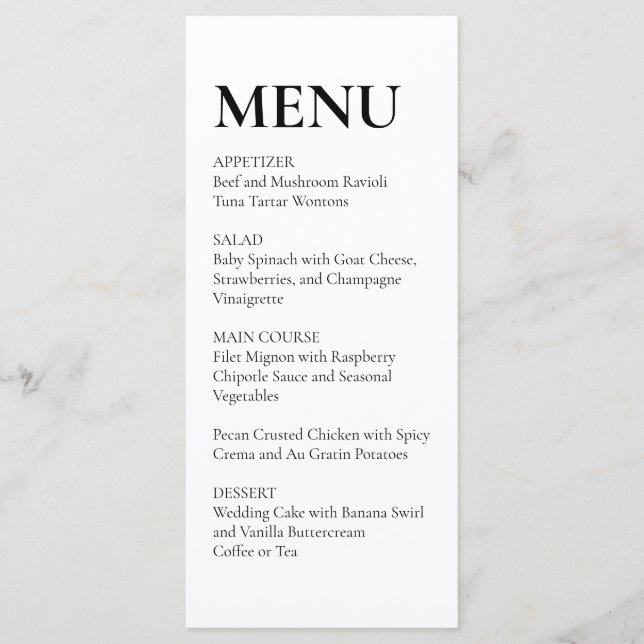 Simple Elegant Wedding Menu Black and White (Front)
