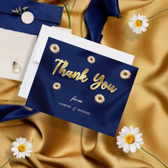 Simple Elegant Wedding Navy Blue and Gold Script Thank You Card (Creator Uploaded)