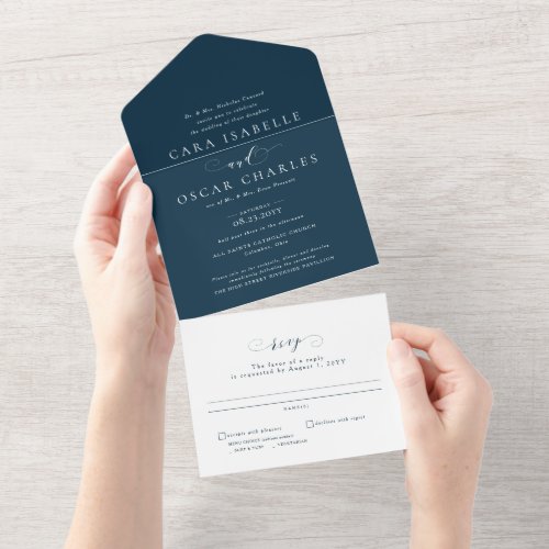 Simple elegant wedding navy blue traditional all in one invitation