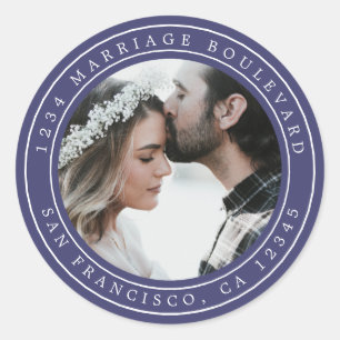 Simple Elegant Wedding Photo Blue Return Address Classic Round Sticker