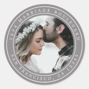 Simple Elegant Wedding Photo Gray Return Address Classic Round Sticker