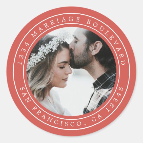 Simple Elegant Wedding Photo Red Return Address Classic Round Sticker