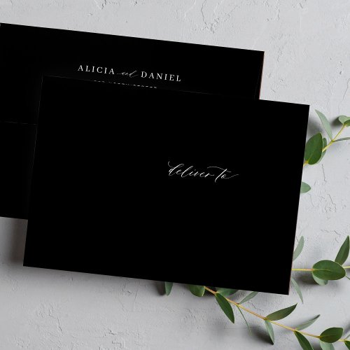 Simple elegant wedding return address black envelope