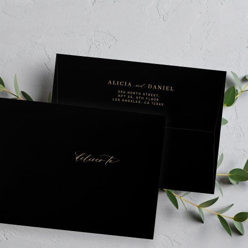 Simple elegant wedding return address gold black envelope