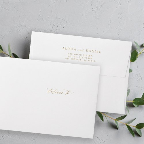 Simple elegant wedding return address gold script envelope
