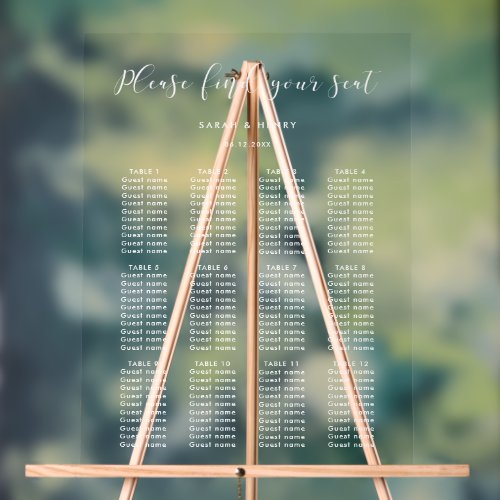 Simple elegant wedding seating chart clear sign