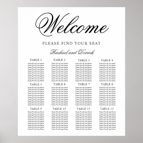 Simple Elegant Wedding Seating Chart for 12 Tables