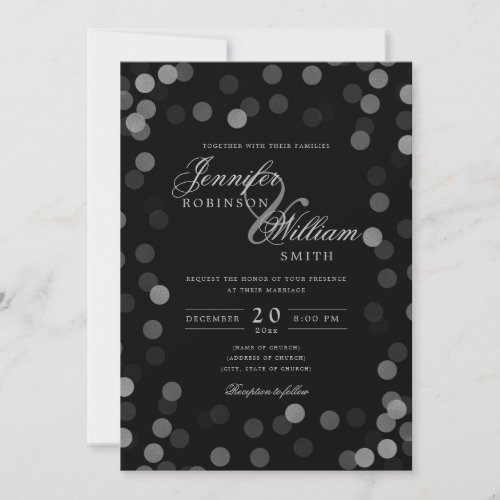 Simple Elegant Wedding Silver Confetti Black Invitation