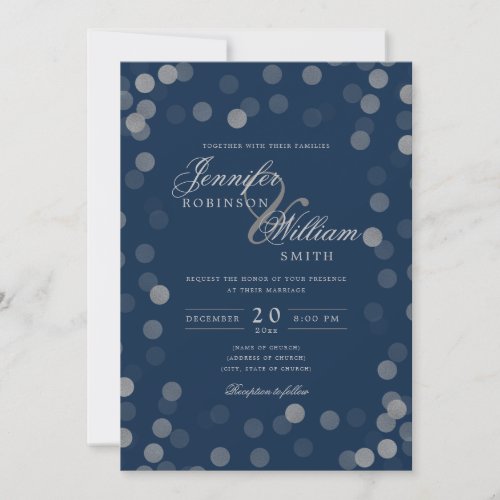 Simple Elegant Wedding Silver Confetti Navy  Invitation