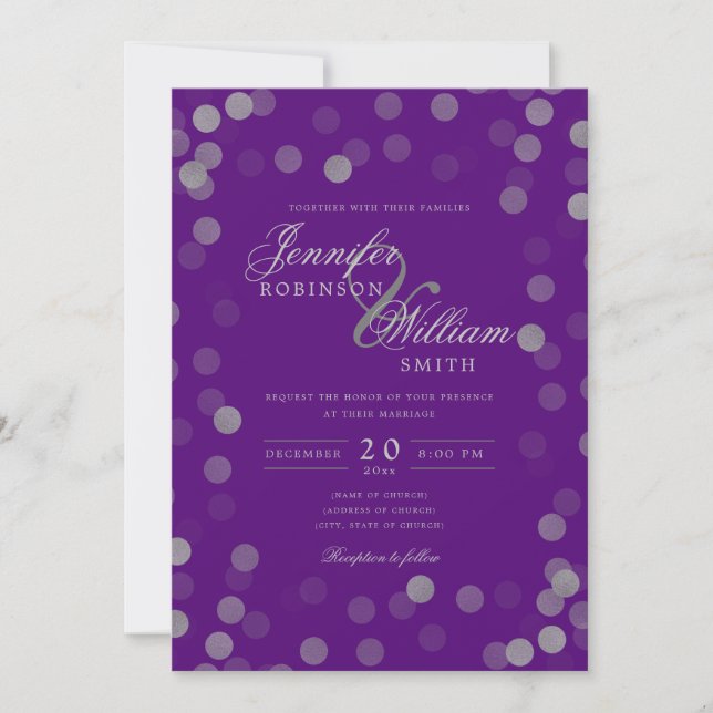 Simple Elegant Wedding Silver Confetti Purple  Invitation (Front)