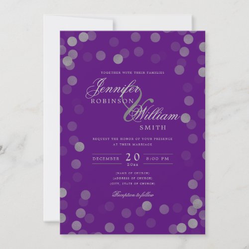 Simple Elegant Wedding Silver Confetti Purple  Invitation