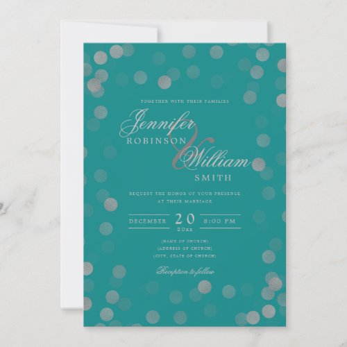 Simple Elegant Wedding Silver Confetti Teal  Invitation