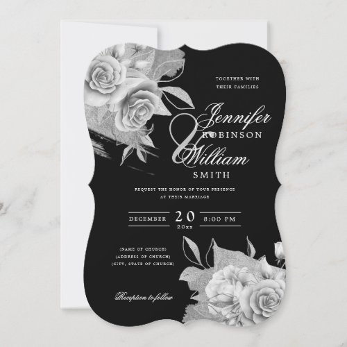 Simple Elegant Wedding Silver Floral  Foil Black  Invitation