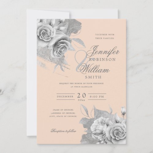 Simple Elegant Wedding Silver Floral  Foil Blush  Invitation