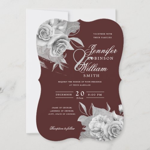 Simple Elegant Wedding Silver Floral Foil Burgundy Invitation