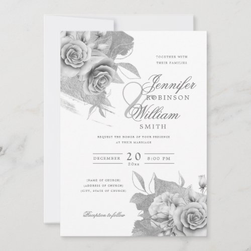 Simple Elegant Wedding Silver Floral  Foil  Invitation