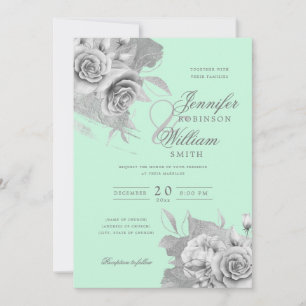 Simple Elegant Wedding Silver Floral & Foil Mint Invitation