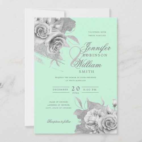 Simple Elegant Wedding Silver Floral  Foil Mint  Invitation