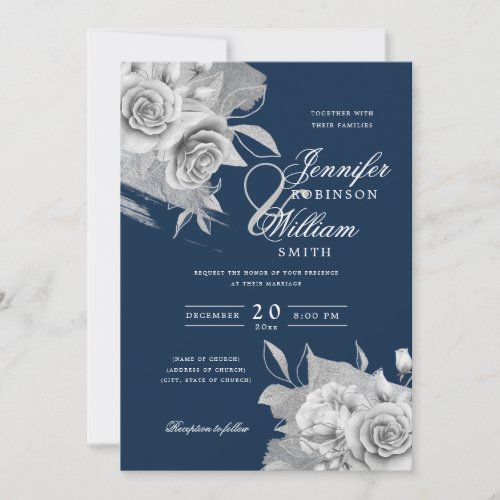 Simple Elegant Wedding Silver Floral  Foil Navy  Invitation
