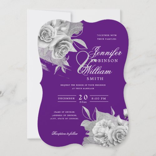 Simple Elegant Wedding Silver Floral  Foil Purple Invitation