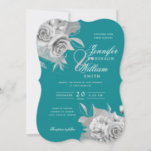 Simple Elegant Wedding Silver Floral & Foil Teal Invitation