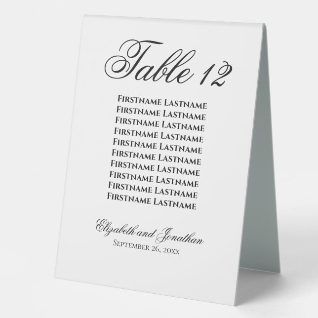 Simple Elegant Wedding Table Number with Names Table Tent (Front)