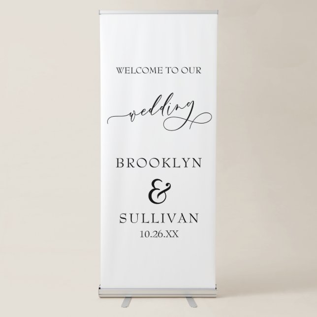 Simple, Elegant Wedding Welcome Black & White Retractable Banner (Front)