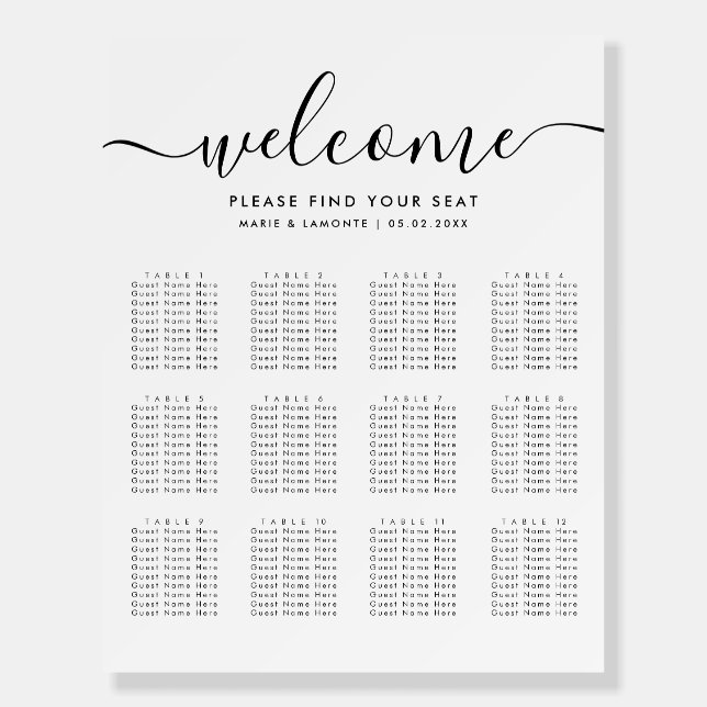 Simple Elegant Wedding Welcome Seating Chart Foam Board (Front)