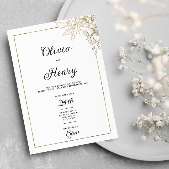  Simple elegant white and gold floral wedding  Invitation (Simple elegant white and gold floral wedding)