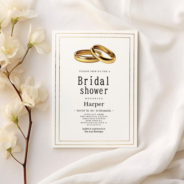 Simple elegant white and gold rings Bridal Shower Invitation (Simple elegant white and gold rings Bridal Shower)