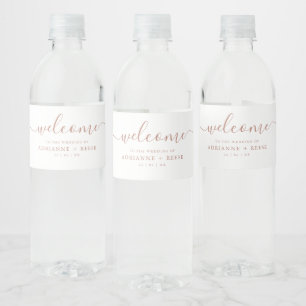 Simple Elegant White and Rose Gold Wedding Water Water Bottle Label