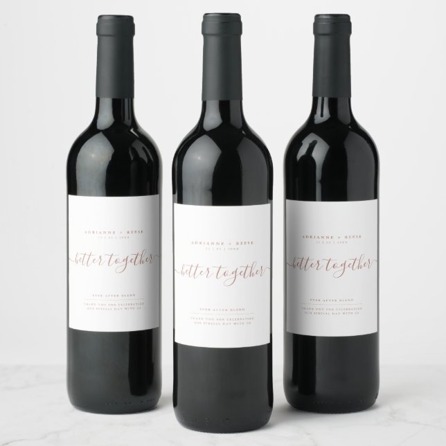 Simple Elegant White and Rose Gold Wedding Wine Label (Bottles)