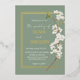 Simple Elegant White Cherry Blossom & Gold Frame  Foil Invitation