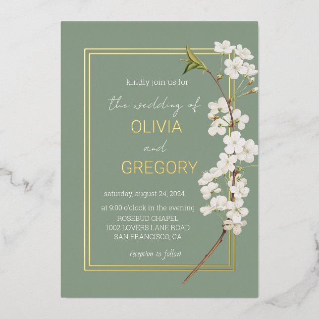 Simple Elegant White Cherry Blossom & Gold Frame  Foil Invitation (Front)