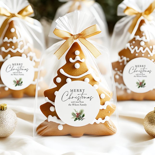 Simple Elegant White Christmas Greenery Classic Round Sticker (Simple elegant 'Merry Christmas' sticker with personalised family name, pine leaves & berries motif)