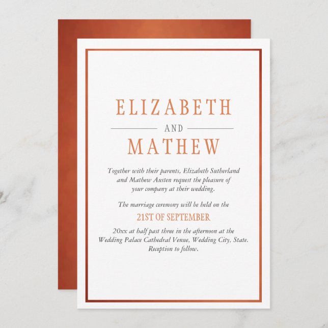 Simple Elegant White Copper Orange Modern Wedding Invitation (Front/Back)