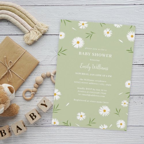 Simple Elegant White Daisies Greenery Baby Shower Invitation