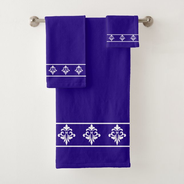 Simple, Elegant, White Flowers on Navy Blue Bath Towel Set (Insitu)