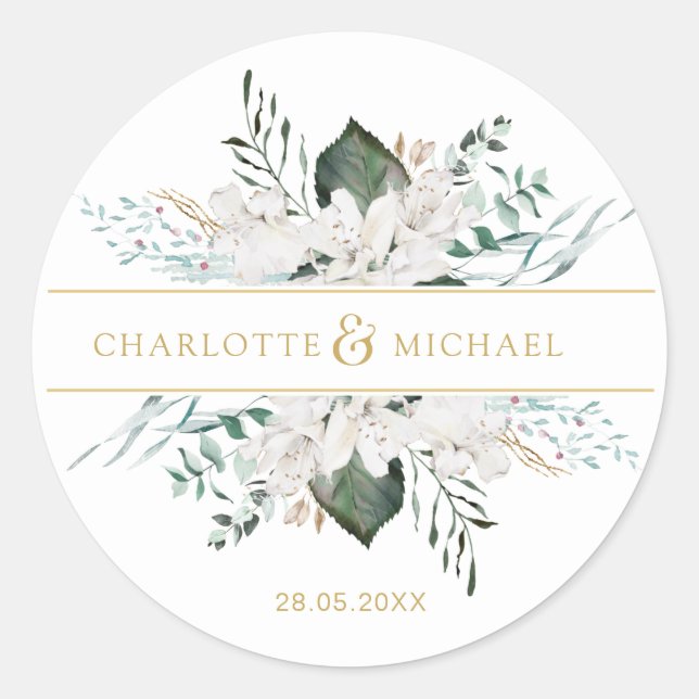 Simple, elegant white flowers wedding classic round sticker (Front)