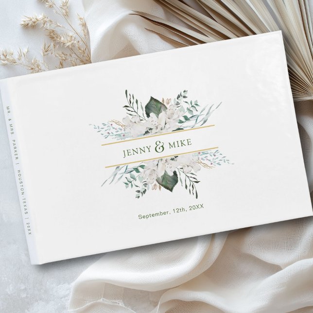 Simple, elegant white flowers wedding guest book (Personalized, simple, elegant white flowers wedding guest book with your name and date.)
