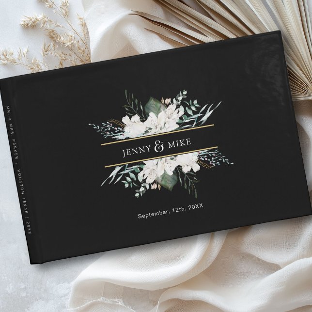 Simple, elegant white flowers wedding guest book (Personalized, simple, elegant white flowers wedding guest book with your name and date.)