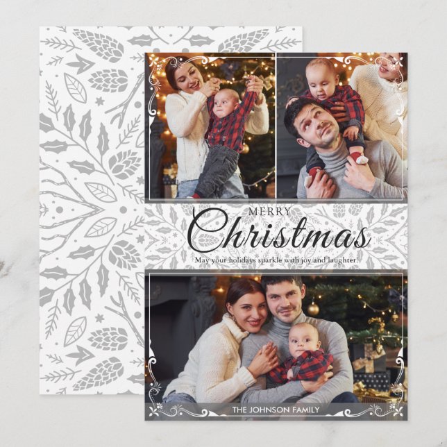 Simple Elegant White Frame 3 Photo Christmas Holiday Card (Front/Back)