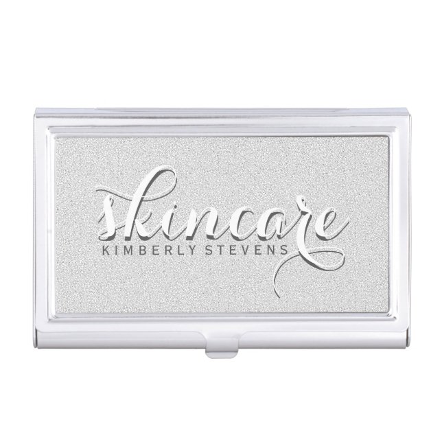 Simple Elegant White Glitter Skincare Business Card Case (Front)