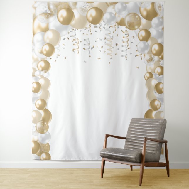 Simple Elegant White Gold Balloon Arch Tapestry (In Situ)