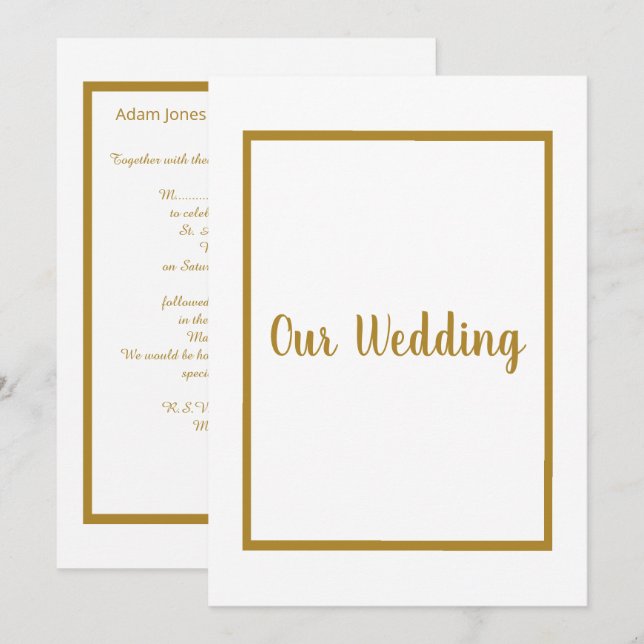 Simple & Elegant White Gold Border Wedding Invitation (Front/Back)