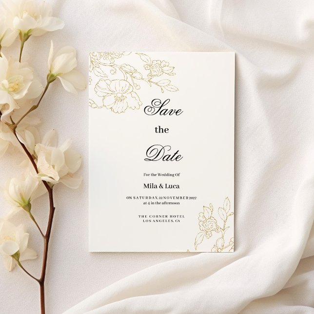 Simple elegant white gold floral Save the Date Invitation (Simple elegant white gold floral Save the Date )