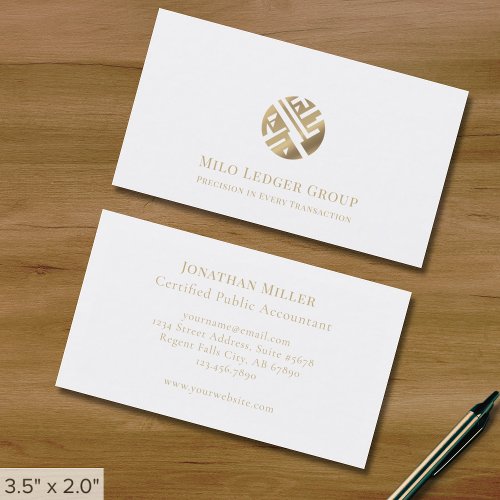 Simple Elegant White Gold Geometric Logo Business Card