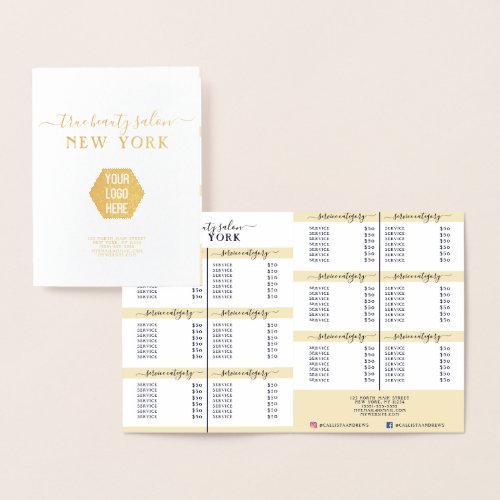 Simple Elegant White Gold Logo Salon Price List Foil Card