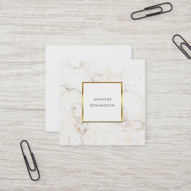 Simple elegant white gold marble professional square business card (Front/Back In Situ)